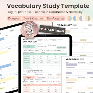 Pode incluir: Modelo digital de estudo de vocabulário para GoodNotes e Notability, com seções para vocabulário, expressões idiomáticas e conjugação de verbos. Inclui 4 temas de cores. Projetado por um professor de idiomas real.