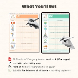 May include: Two Korean vocabulary workbooks are shown, one on paper and one on a tablet. The paper workbook is peach, and the tablet is black. The workbooks have Korean text and English translations. The image also includes text that says "What You'll Get".