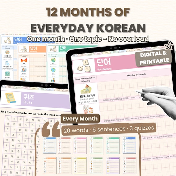 Learn Korean Workbook | 12 Months of Everyday Korean, Digital Language Learning, iPad & Printable Korean Study