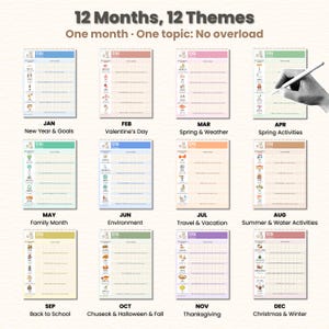 May include: A planner with 12 monthly themes, each with a different color border. The themes include New Year & Goals, Valentine's Day, Spring & Weather, Spring Activities, Family Month, Environment, Travel & Vacation, Summer & Water Activities, Back to School, Chuseok & Halloween & Fall, Thanksgiving, and Christmas & Winter.