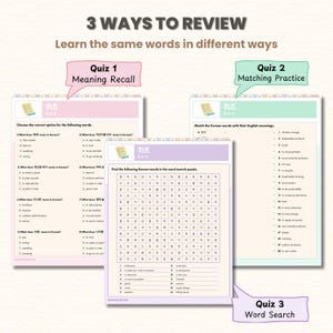 May include: Three digital worksheets for learning Korean words. The first worksheet is a multiple-choice quiz, the second is a matching exercise, and the third is a word search puzzle. The title reads "3 Ways to Review".