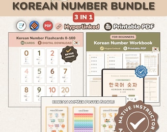 Korean Numbers Bundle - Flashcards, Workbooks & Posters Set | Sino, Native Counting 0-100 | Learn Korean for Beginners | Printable Kit