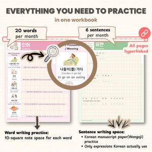 May include: A workbook for Korean language practice. The pink and green pages feature vocabulary and sentence writing sections. Includes 20 words and 6 sentences per month. The workbook has all pages hyperlinked.