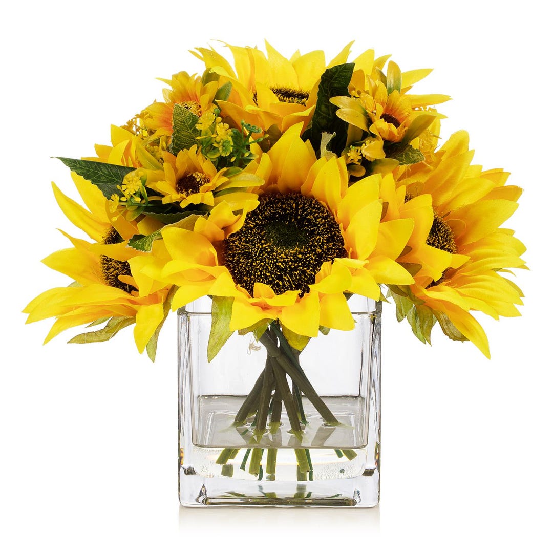 Artificial Sunflower Arrangement in Clear Glass Vase Fall Floral ...