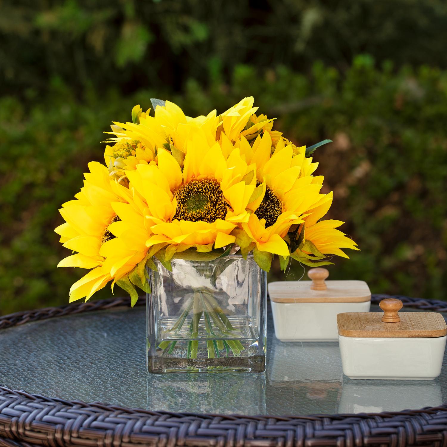 Artificial Sunflower Arrangement in Clear Glass Vase Fall Floral ...