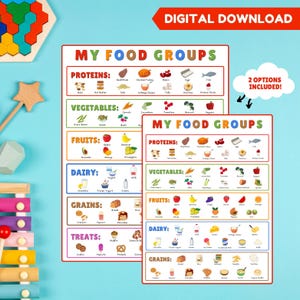 Cuadro educativo de grupos de alimentos para niños / Póster de alimentos del arco iris para niños / Póster de educación en el hogar Montessori / Descarga imprimible de nutrición saludable para niños