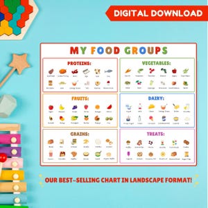 Cuadro educativo de grupos de alimentos para niños / Póster de alimentos del arco iris para niños / Póster de educación en el hogar Montessori / Descarga imprimible de nutrición saludable para niños