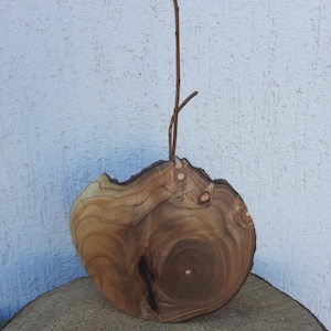 Pode incluir: Peça decorativa de madeira artesanal, com uma fatia de madeira natural com padrões de grão visíveis e um pequeno galho. A madeira tem uma cor castanha quente, exibida numa superfície de madeira.