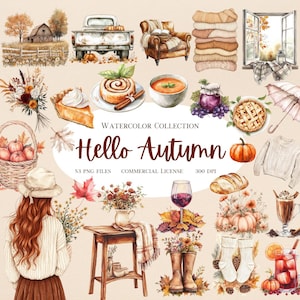 Bonjour l'automne, lot de cliparts aquarelle automne, clipart automne douillet, automne Cottagecore, clipart citrouille, décoration automne, ambiance d'automne rustique