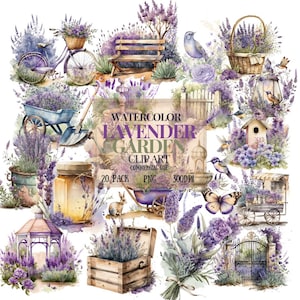 Watercolor Lavender Garden Clipart - Floral Spring PNG Format instant Download for Commercial Use