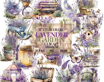 Watercolor Lavender Garden Clipart - Floral Spring PNG Format instant Download for Commercial Use