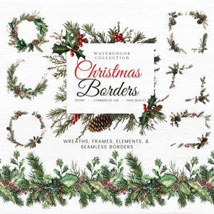 Paquete de imágenes prediseñadas de bordes y marcos navideños de acuarela / Guirnalda PNG de invierno, tarjeta de felicitación festiva, marco de acebo, imagen gráfica digital