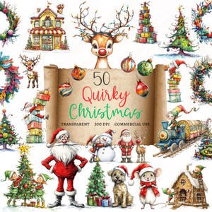Quirky Christmas Clipart Whimsical Holiday Graphics Xmas PNG Sublimation Clip Art Silly Graphics Holiday Shopfront Santa Funny Reindeer PNG