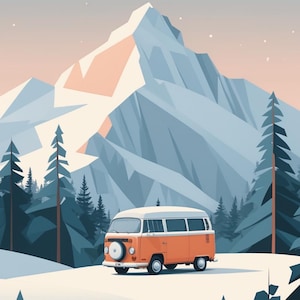 May include: An orange and white vintage van is parked on a snowy road in front of a mountain range. The illustration features a minimalist style with a color palette of orange, white, blue, and green. The scene evokes a sense of travel and adventure.