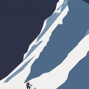 Peut inclure: Illustration d'un alpiniste gravissant une montagne enneigée. L'alpiniste, portant un sac à dos rouge et des vêtements bleus, utilise des bâtons de ski. La montagne est représentée dans des tons de blanc et de bleu sur un ciel bleu foncé.