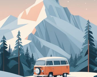 Affiche design, illustration montagne -Winter Vanlife.Hautes Alpes- tableau decoration murale, illustration nature minimaliste - papier 250g