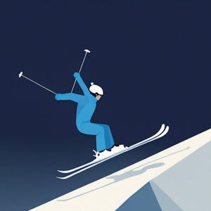 Peut inclure: Illustration d'un skieur en combinaison bleue et casque blanc dévalant une montagne enneigée. Le skieur tient des bâtons de ski et l'arrière-plan est un dégradé de bleu foncé à blanc.