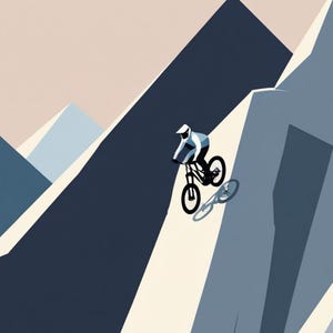 Peut inclure: Illustration minimaliste d'un vététiste descendant une montagne enneigée. L'œuvre utilise des nuances de bleu, de blanc et de beige. Le cycliste porte un casque blanc et des vêtements bleus, et le vélo est noir. Thème : sports de montagne.