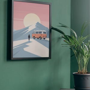 Affiche design, decoration murale montagne - Vanlife en Combi VW dans les Alpes - tableau decoration murale, illustration nature papier 250g image 6
