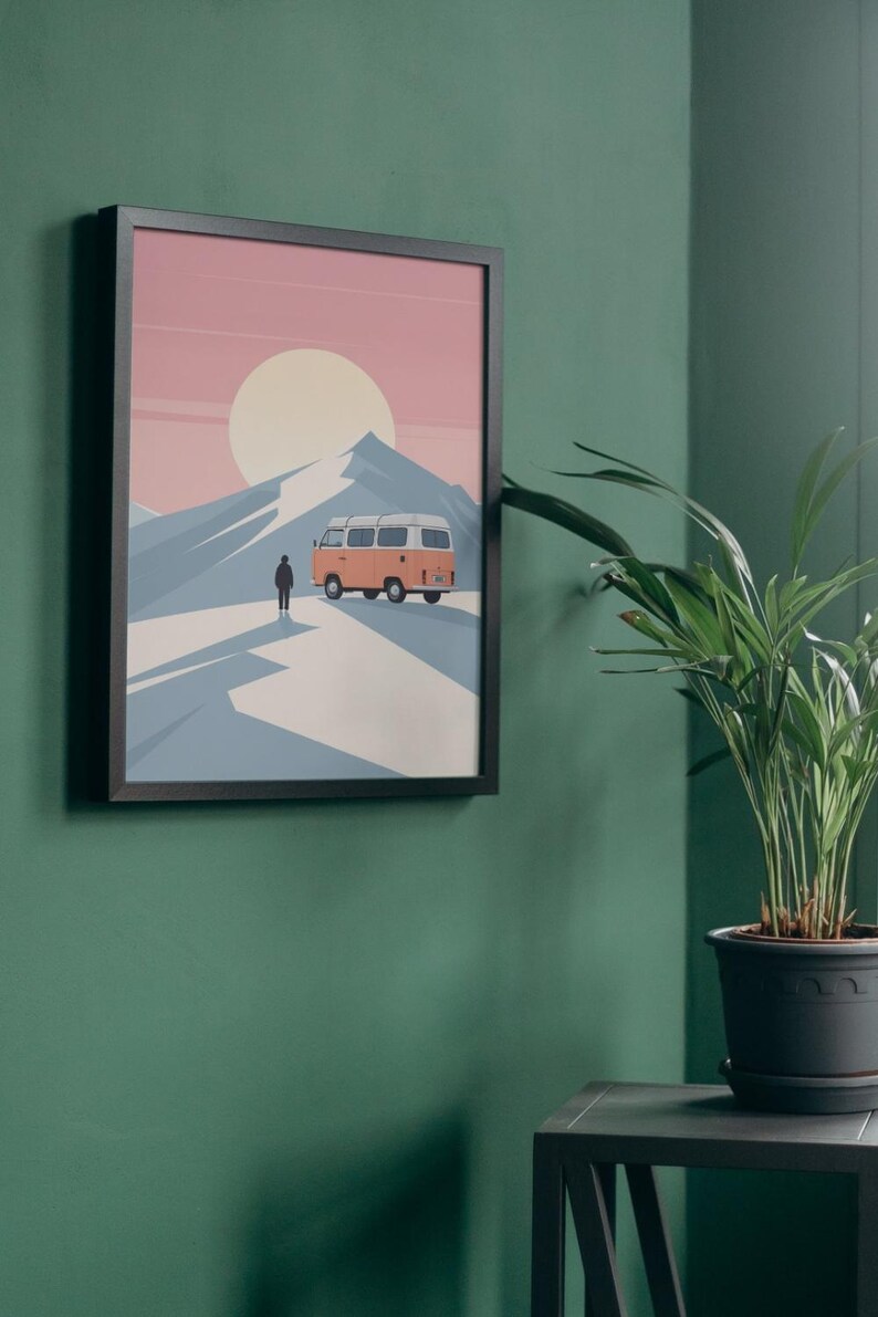 Affiche design, decoration murale montagne - Vanlife en Combi VW dans les Alpes - tableau decoration murale, illustration nature papier 250g image 6