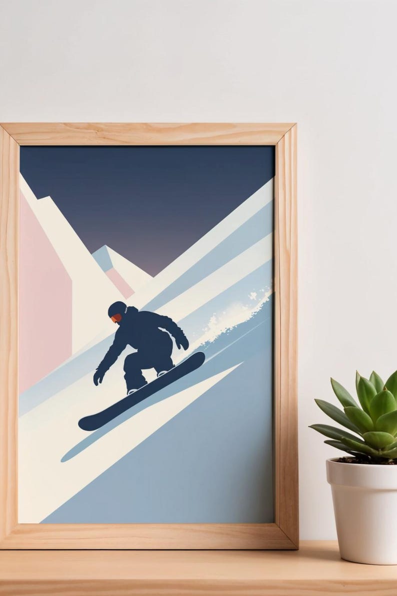 May include: A framed print featuring a snowboarder in a dark blue silhouette against a snowy mountain scene. The artwork uses a palette of blues, pinks, and white, with a dark blue sky. The frame is made of light-colored wood.