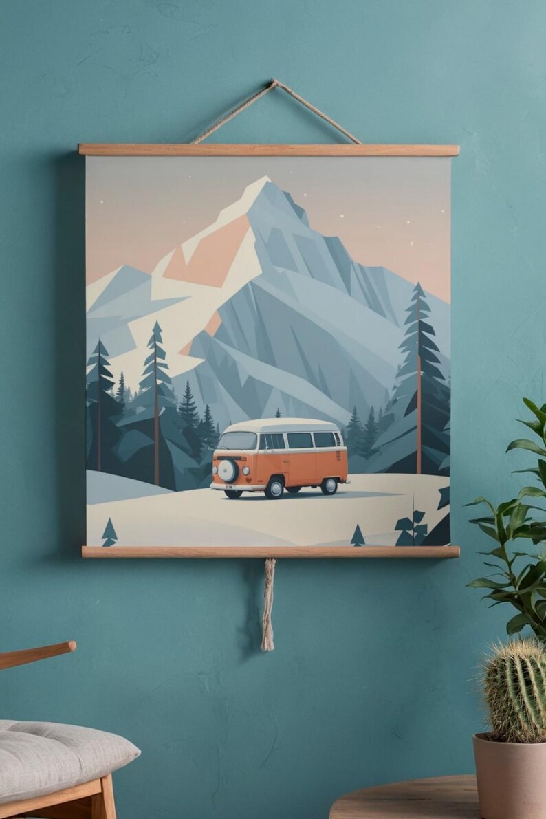 May include: A framed print featuring an orange and white camper van parked in a snowy landscape with a mountain backdrop. The artwork has a minimalist style with a color palette of blues, oranges, and whites.