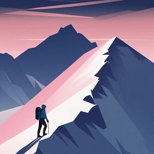 May include: An illustration of a person hiking up a snow-covered mountain. The person is wearing a blue jacket and carrying a backpack. The sky is pink and blue, and the mountains are dark blue.