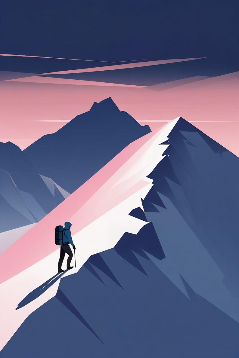 May include: An illustration of a person hiking up a snow-covered mountain. The person is wearing a blue jacket and carrying a backpack. The sky is pink and blue, and the mountains are dark blue.