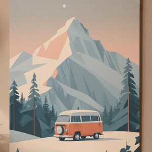 May include: An orange and white camper van is parked in a snowy landscape with a mountain backdrop. The artwork features a minimalist style with a color palette of orange, blue, and white. The image evokes a sense of adventure and travel.
