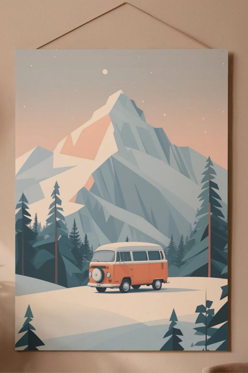May include: An orange and white camper van is parked in a snowy landscape with a mountain backdrop. The artwork features a minimalist style with a color palette of orange, blue, and white. The image evokes a sense of adventure and travel.