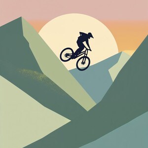 May include: Silhouette of a mountain biker mid-air against a backdrop of mountains and a setting sun. The artwork features a color palette of greens, blues, and a warm orange and pink sky, creating a dynamic outdoor scene.
