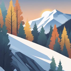May include: A digital illustration of a winter landscape featuring a snow-covered mountain and a forest of evergreen and autumn-colored trees. The sun is setting, casting a warm glow over the scene, with a gradient sky.