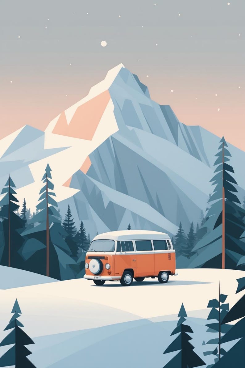May include: An orange and white vintage van is parked on a snowy road in front of a mountain range. The illustration features a minimalist style with a color palette of orange, white, blue, and green. The scene evokes a sense of travel and adventure.