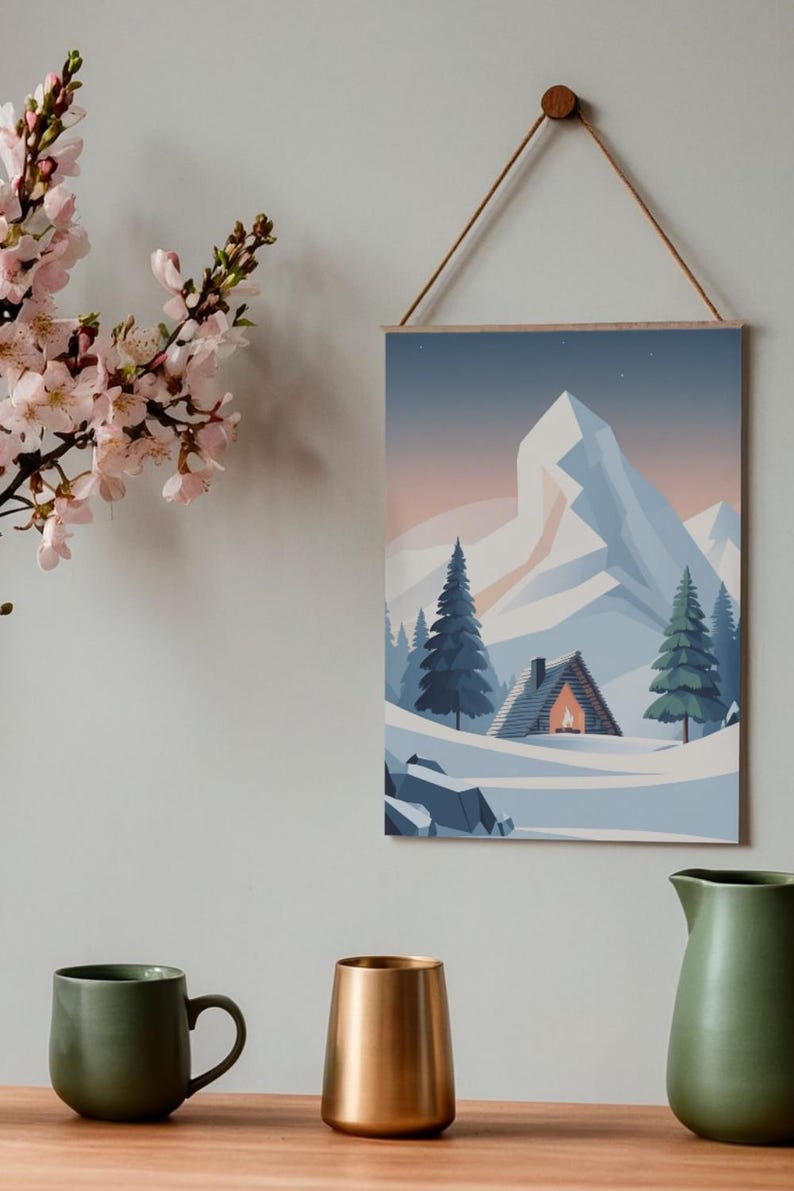 May include: A framed print showing a winter scene with a snow-covered mountain, fir trees, and a cabin with a lit fire. The artwork uses blue, white, and orange hues, and is hung by a wooden dowel and string. The print is a landscape.
