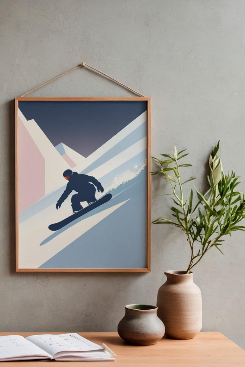 May include: A framed art print featuring a snowboarder carving down a snowy mountain slope. The artwork uses a minimalist style with shades of blue, pink, and white, and is displayed with a natural wood frame and a hanging cord.