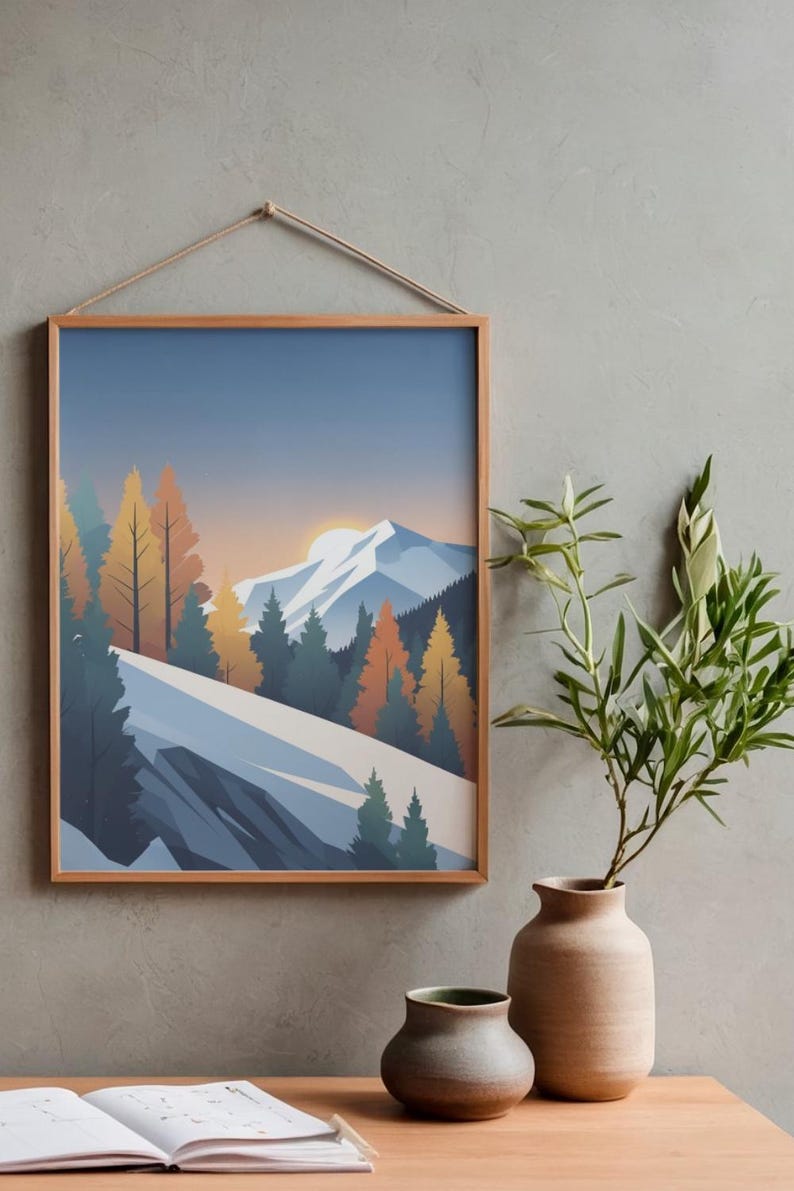 May include: A framed landscape art print depicting a mountain scene with snow-covered slopes, evergreen and autumn-colored trees, and a setting sun. The artwork is displayed on a gray wall, with a vase of greenery and two ceramic pots in the foreground.