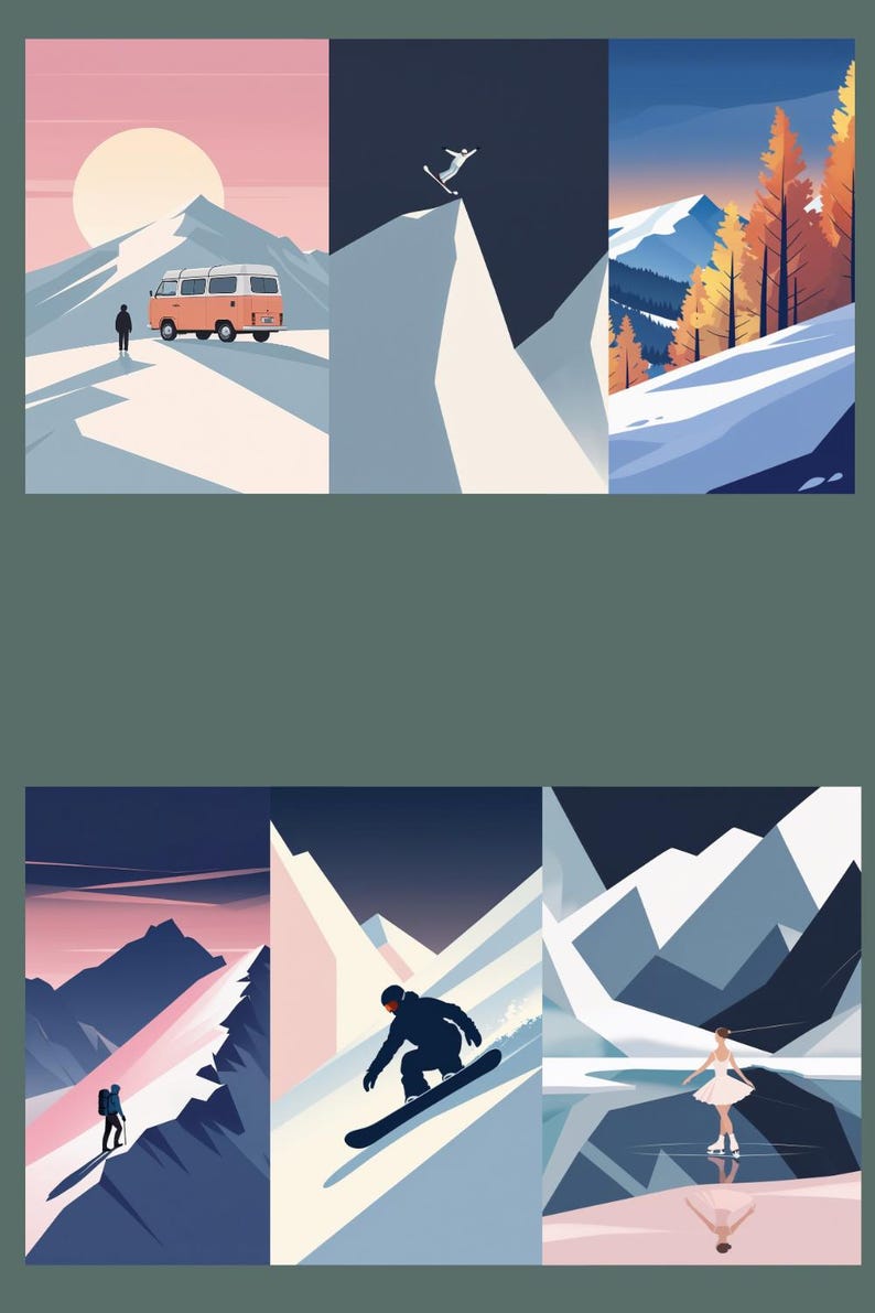 May include: A collection of six stylized landscape illustrations featuring mountains and winter activities. Scenes include a van on a snowy mountain, a skier, a snowboarder, a hiker, and a figure skater. The color palette includes blues, pinks, and oranges.
