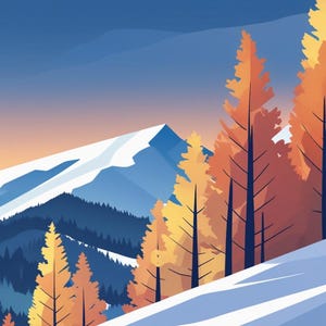 May include: A stylized illustration of a mountain landscape. Snow-covered slopes lead to a mountain peak. Orange and yellow trees line the right side of the image. The sky transitions from blue to orange.