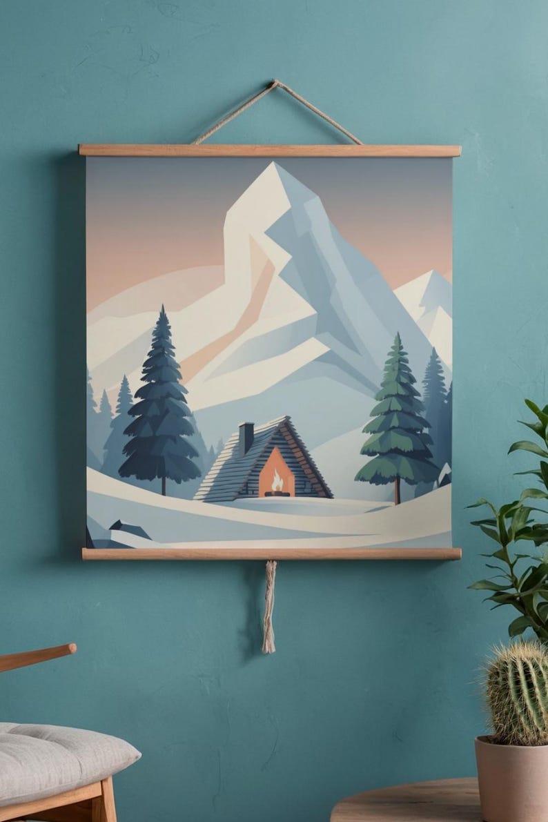 May include: A framed wall art print showing a winter mountain scene. The artwork features a snow-covered landscape with a cabin, evergreen trees, and a large mountain in the background. The print is mounted on wooden bars and suspended by a string.