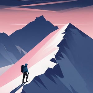 May include: Illustration of a person hiking up a mountain ridge. The image features a blue-clad figure with a backpack and walking stick, ascending a snow-covered path. The background shows blue mountains and a pink and blue sky.