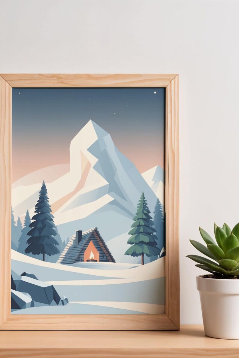 May include: A framed print showing a winter scene with a snow-covered cabin, fir trees, and a large mountain. The cabin has a lit fireplace. The colour scheme includes blues, whites, and a warm orange glow from the fire.