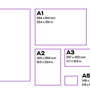 May include: Diagram of paper sizes A0 (33.1 x 46.8 in) to A5 (5.8 x 8.3 in), with dimensions in inches and millimeters. Each size is represented by a purple outlined rectangle, with the size label in black.