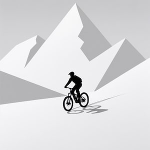 May include: A black silhouette of a mountain biker riding a bicycle down a slope, set against a backdrop of white geometric mountain peaks. The image is in grayscale, with shadows adding depth.