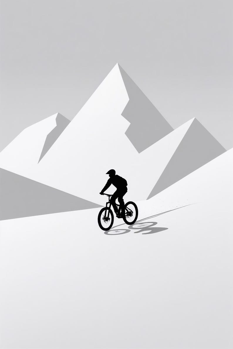 May include: A black silhouette of a mountain biker riding a bicycle down a slope, set against a backdrop of white geometric mountain peaks. The image is in grayscale, with shadows adding depth.