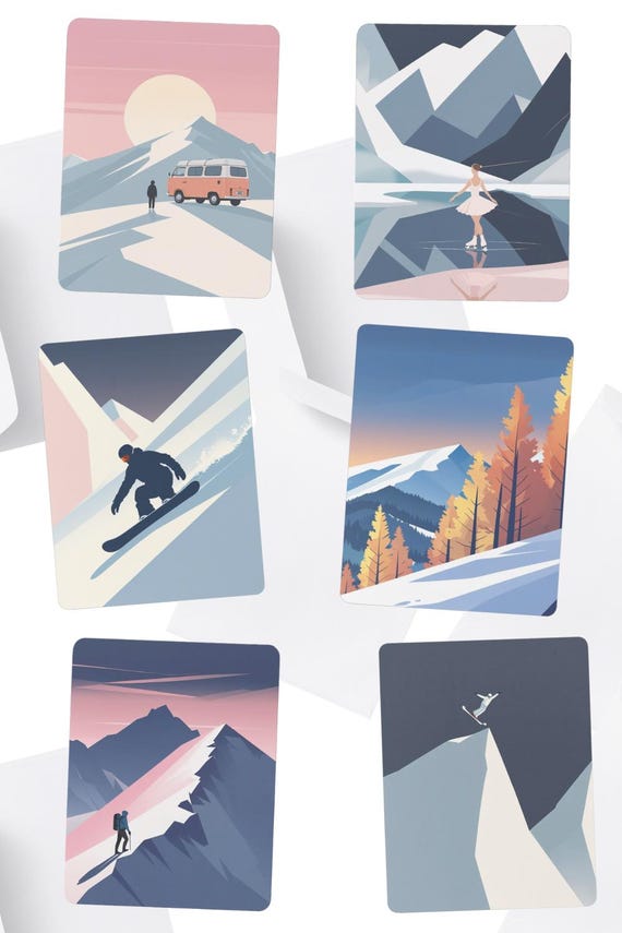 LOT 6 Cartes postales Alpines A5, decoration murale montagne Ski, Vanlife, Snowboard, Patinage Hautes Alpes, illustration nature papier 250g