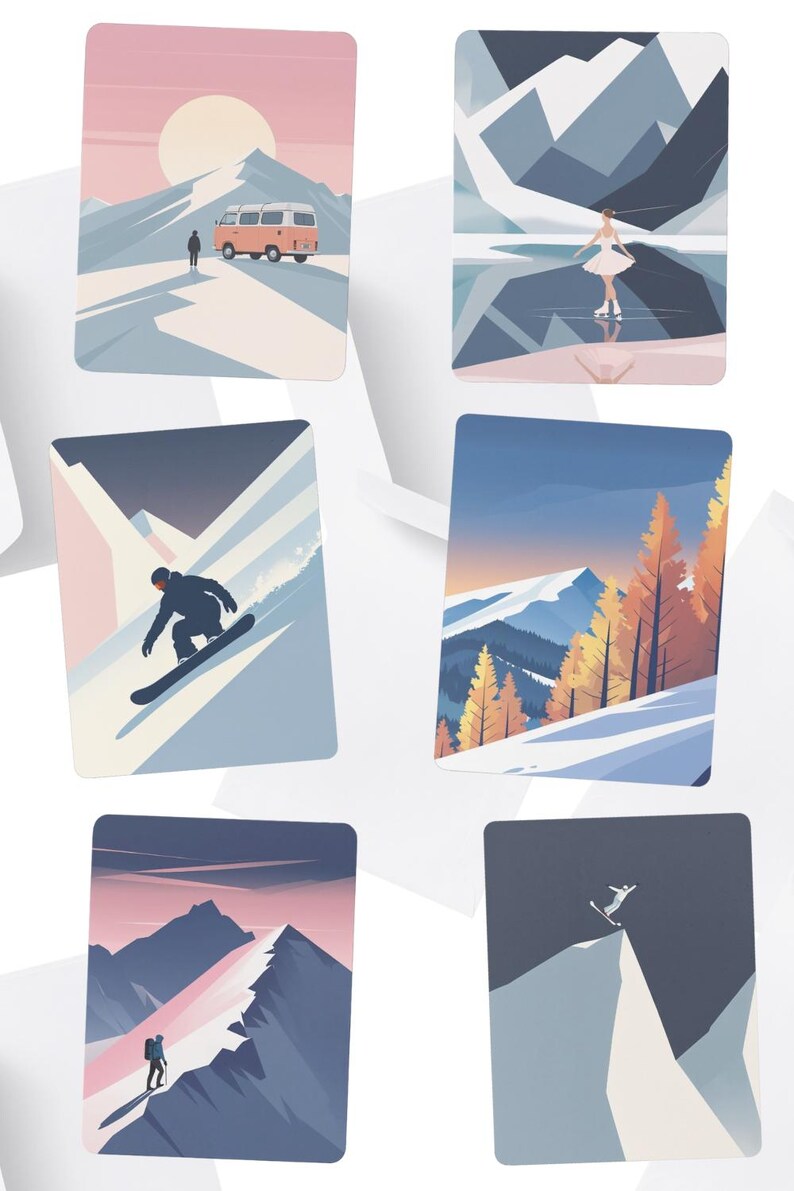 May include: Set of six rectangular art prints featuring minimalist mountain landscapes. Scenes include a van at sunset, a figure ice skating, a snowboarder, autumn trees, a hiker, and a skier jumping.