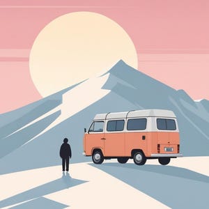 Affiche design, decoration murale montagne - Vanlife en Combi VW dans les Alpes - tableau decoration murale, illustration nature papier 250g image 1