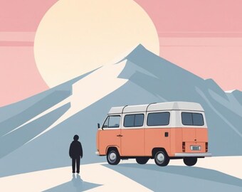 Affiche design, decoration murale montagne - Vanlife en Combi VW dans les Alpes - tableau decoration murale, illustration nature papier 250g