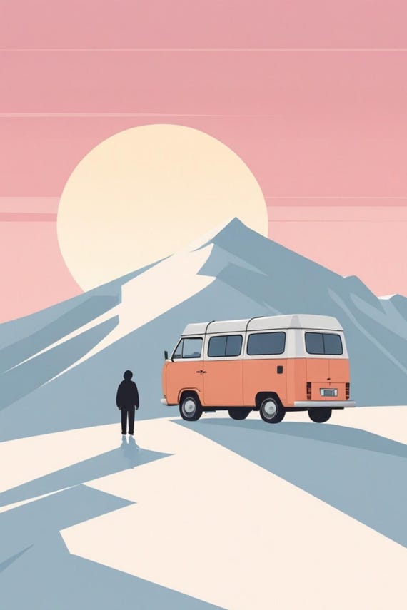 Affiche design, decoration murale montagne - Vanlife en Combi VW dans les Alpes - tableau decoration murale, illustration nature papier 250g