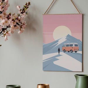 Affiche design, decoration murale montagne - Vanlife en Combi VW dans les Alpes - tableau decoration murale, illustration nature papier 250g image 8